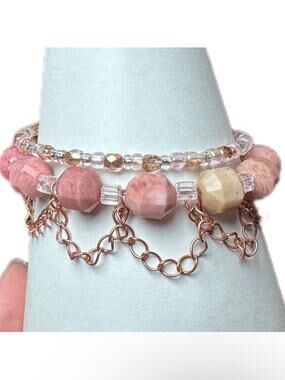 Rhodonite chain bracelet handmade memory wire one size pink gemstone